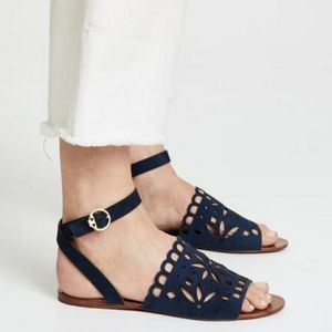 Like New Tory Burch May Perforated Navy Open Toe Suede Ankle Strap Sandal Sz 5.5